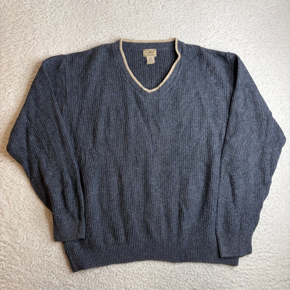 LL Bean Mens V-Neck Sweater Large Blue Marl Ribbed Knit Made in USA OMQ07